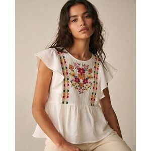 Savanna Jane White Embroidered Floral Babydoll Flutter Sleeve Blouse Large NWT